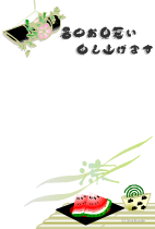 暑中見舞いのハガキテンプレートは上部左に竹の花卉に朝顔の花　下部に縁台とスイカに蚊取り線香のイラスト
